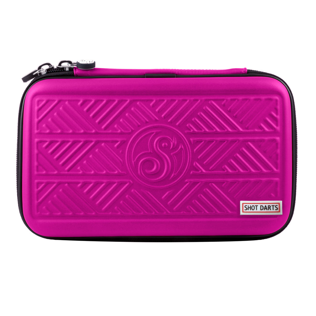 pink dart case with tribal design on front and black zipper around edge