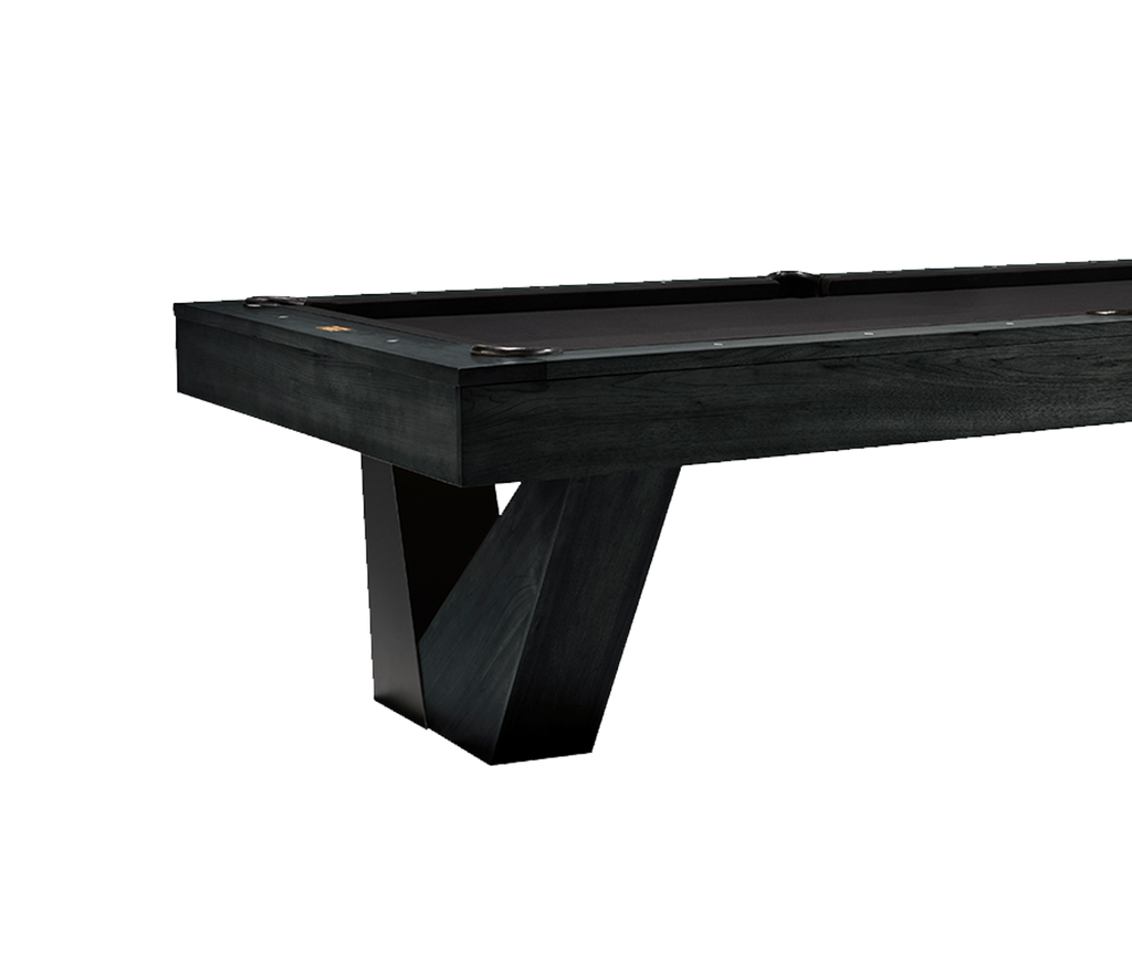 Annex pool table in matte black finish with black felt end view