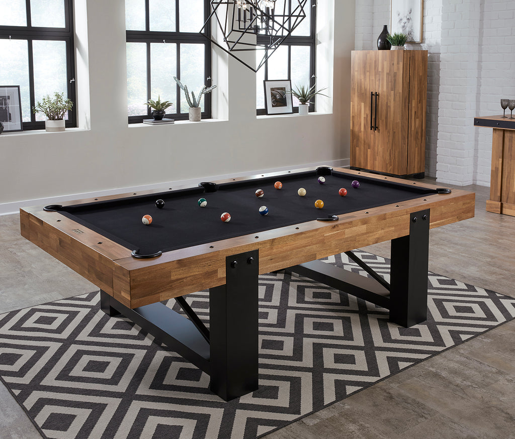 Knoxville pool table with acacia wood frame and black pedestal base accents overhead view showing black felt
