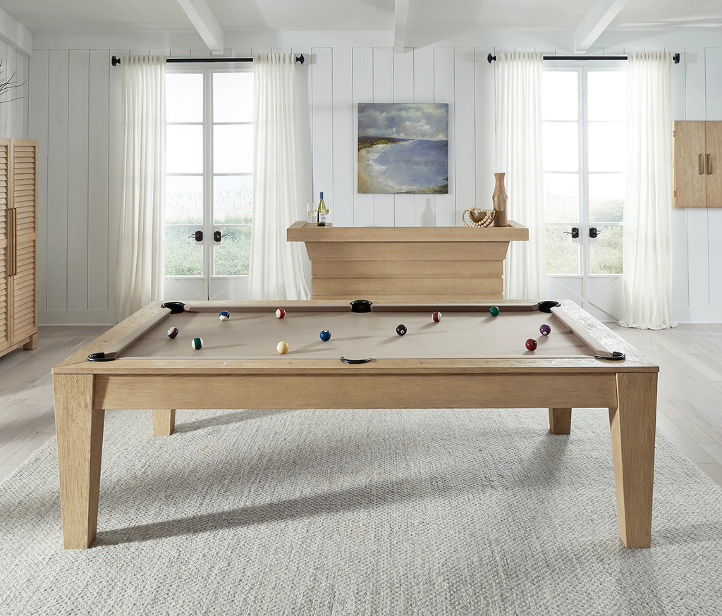 port royal pool table in white oak finish with tan felt in room with side view