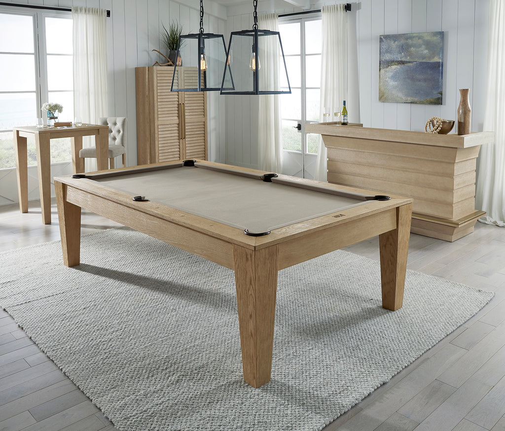 port royal pool table in white oak finish with tan felt overhead view in room