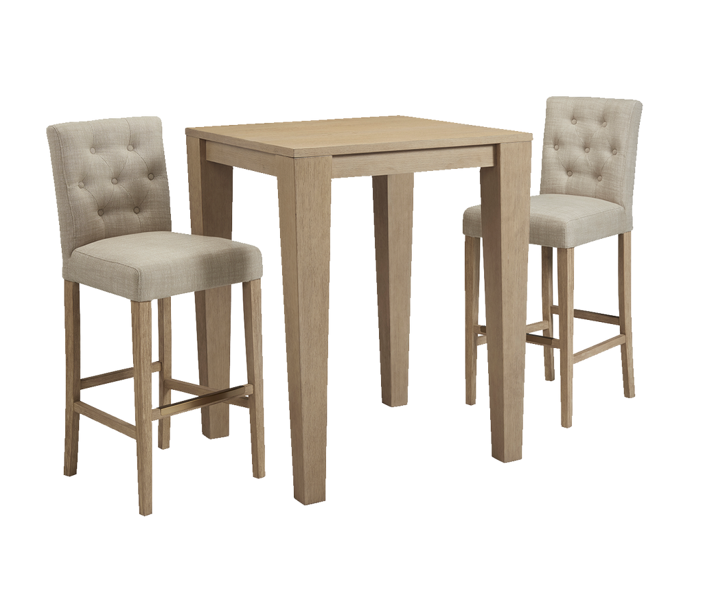 Port Royal pub table and barstools set on white background in white oak finish