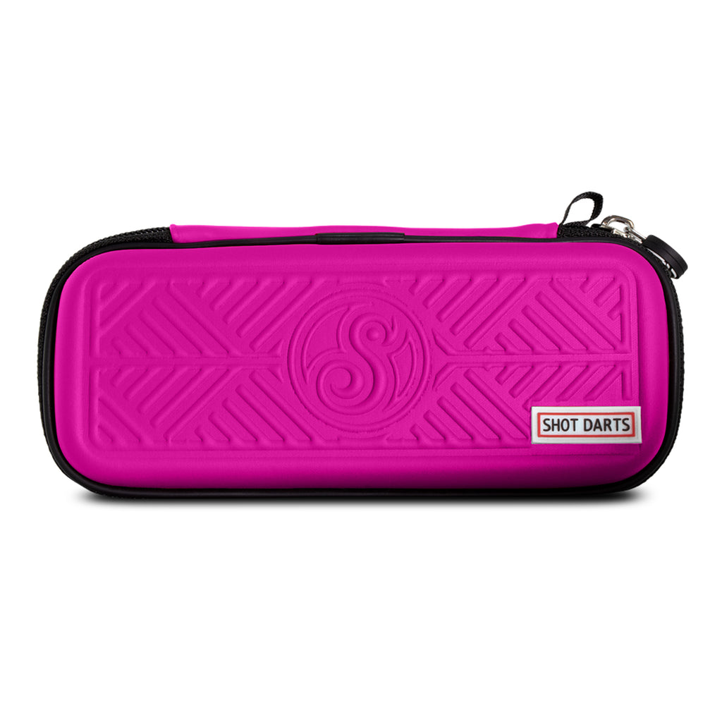 pink dart case with black zipper and tribal design\