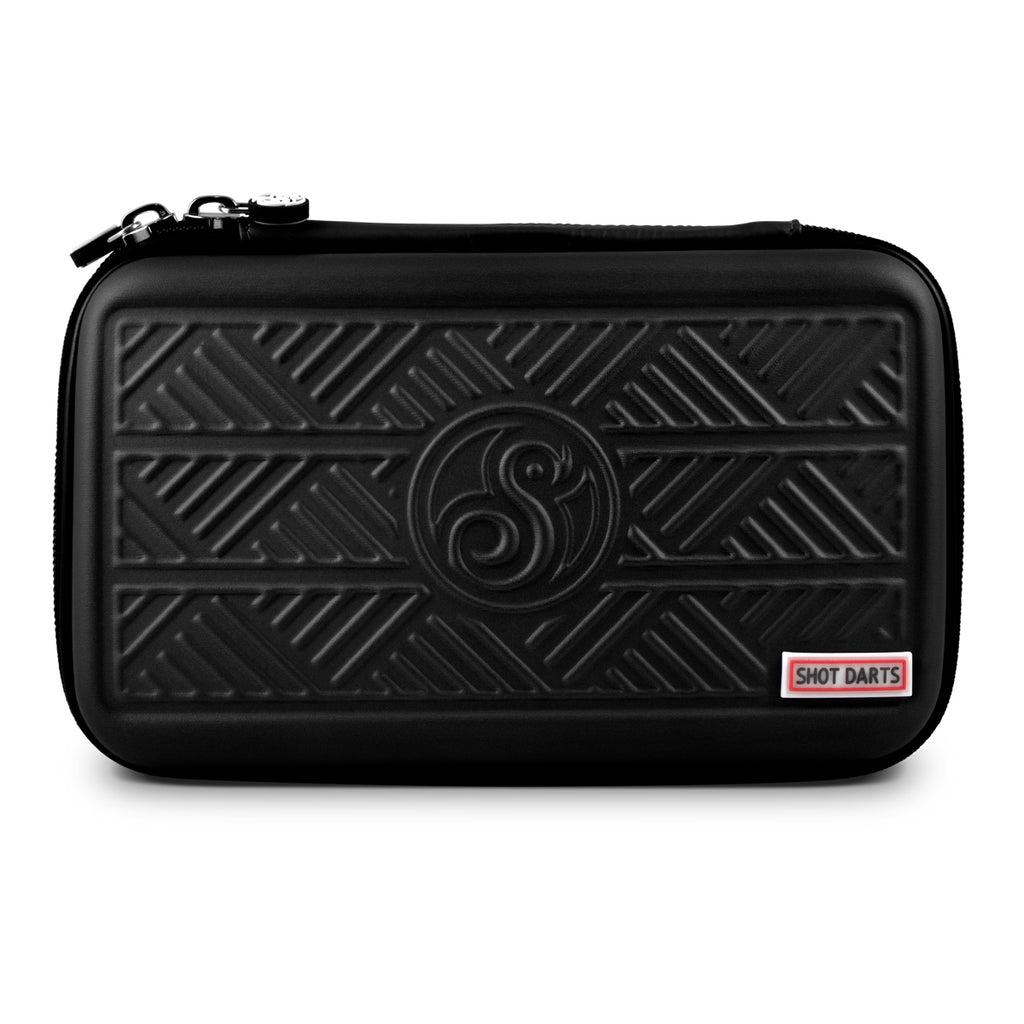 Black dart case with tribal design and black zipper around edge