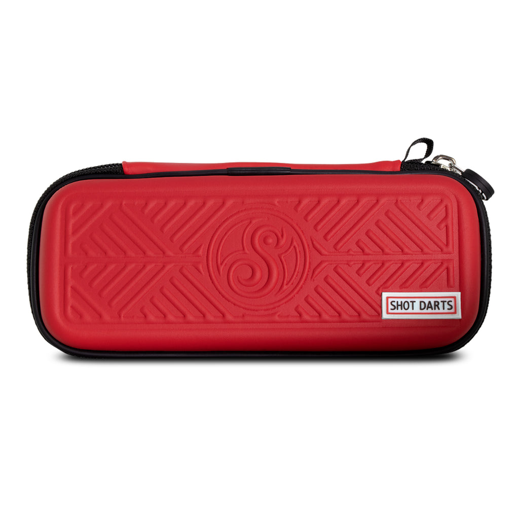 red dart case with black zipper and tribal design