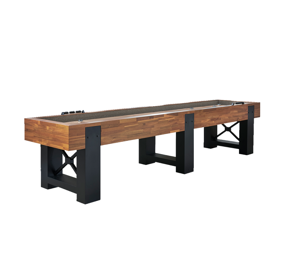 Knoxville shuffleboard with mattle black exposed hardware and legs and acacia finish on white background
