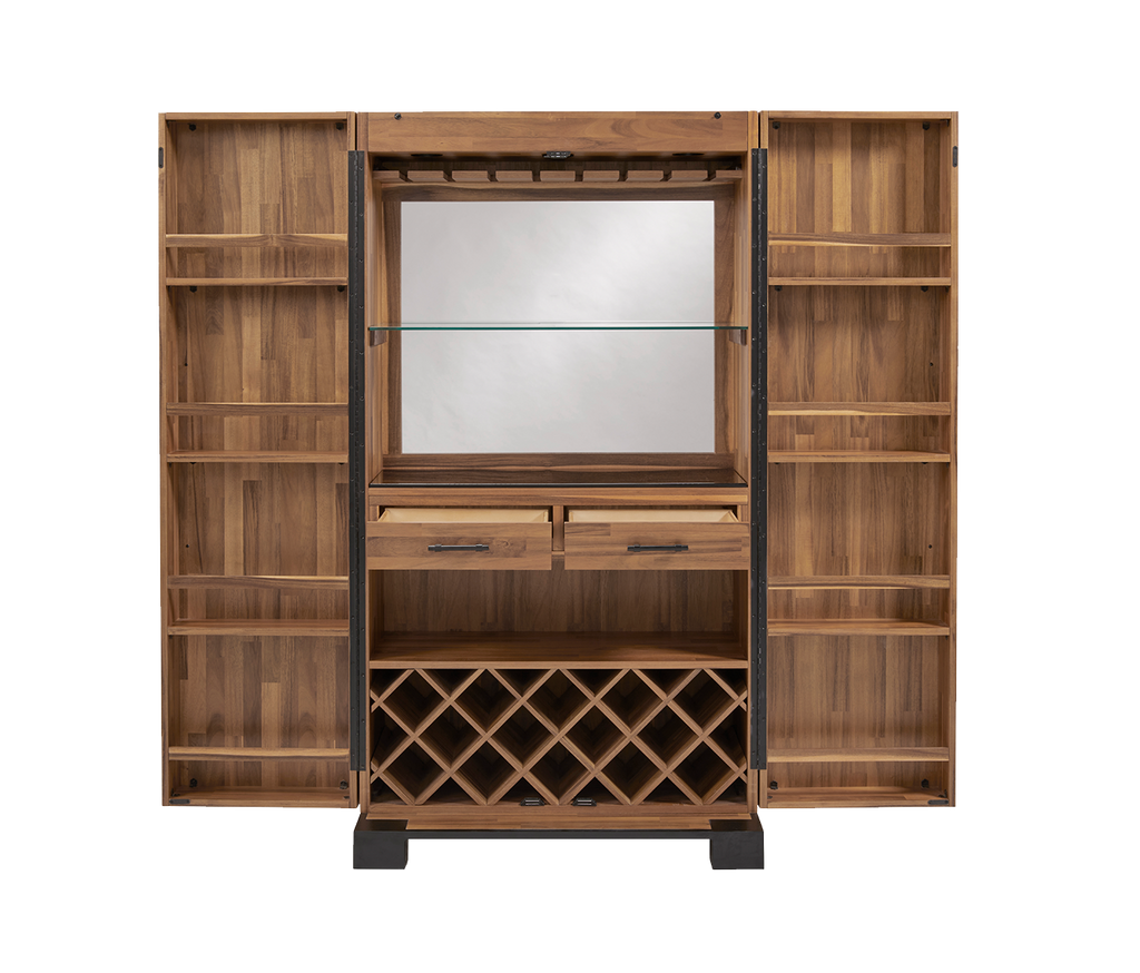 Open acacia wine cabinet on white background