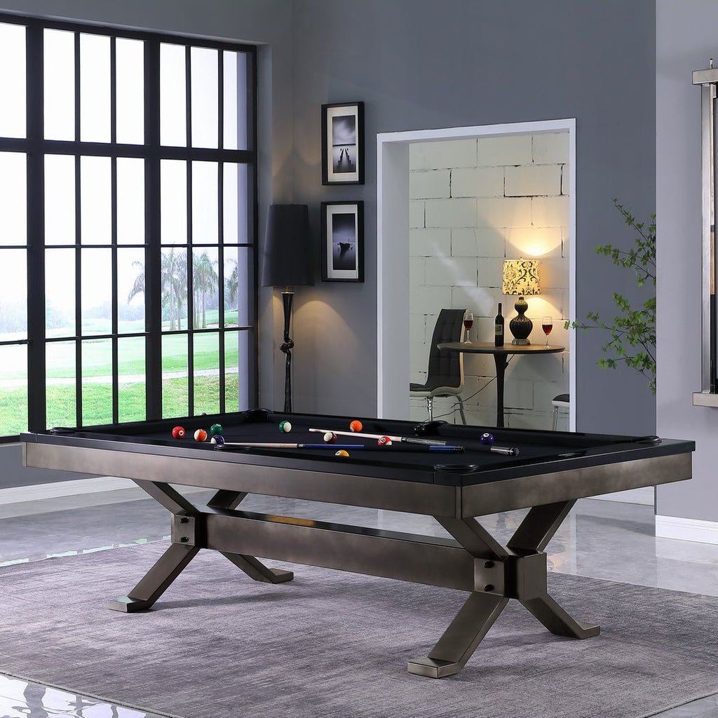 Axton pool table with black onyx rail and gunmetal base and black cloth in room