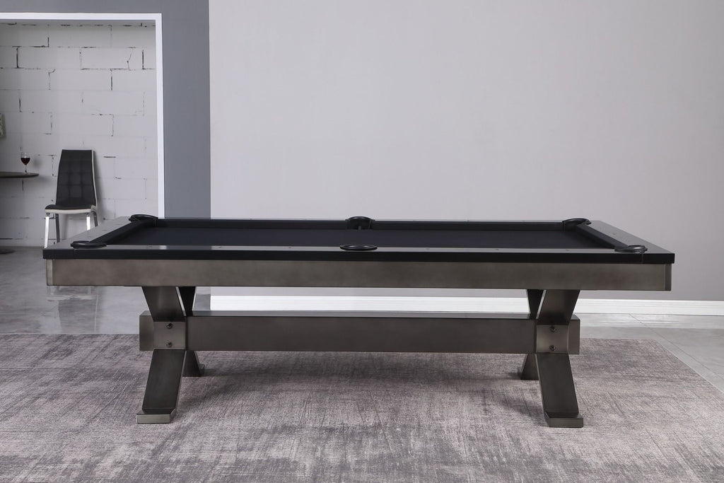 Axton pool table with black onyx rail and gunmetal base and black cloth in room from side