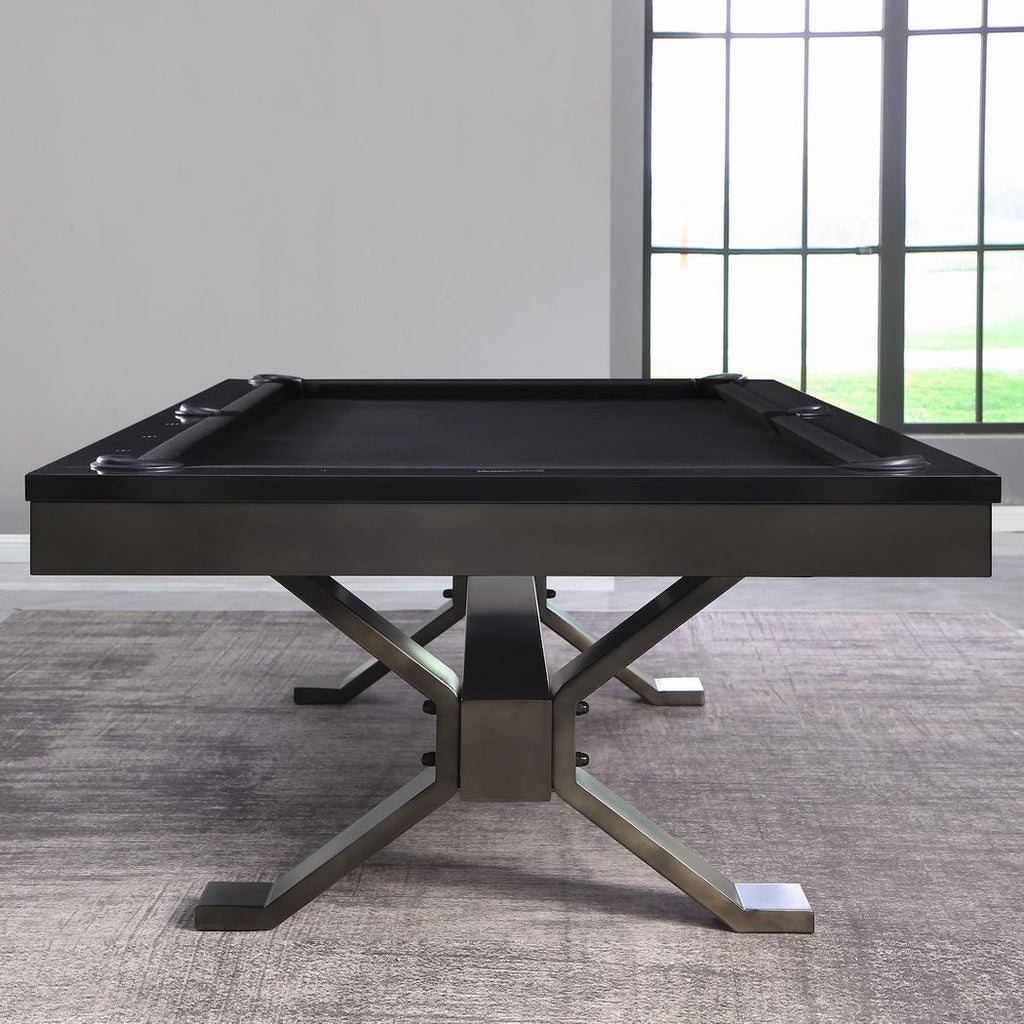 Axton pool table with black onyx rail and gunmetal base and black cloth in room from end 
