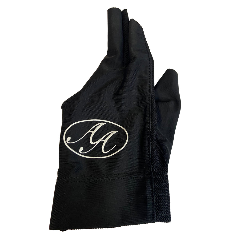 Left handed black pool glove from the front with AA logo