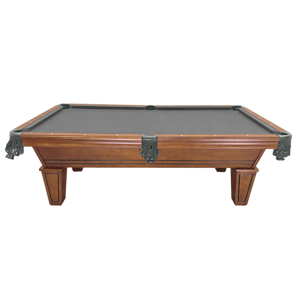Side view of carrigan pool table with fringe pocket navajo finish and charcoal felt