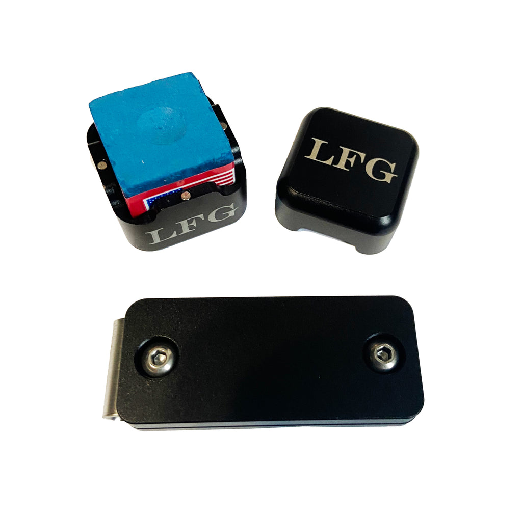 Engraved LFG on chalk box and lid with clip