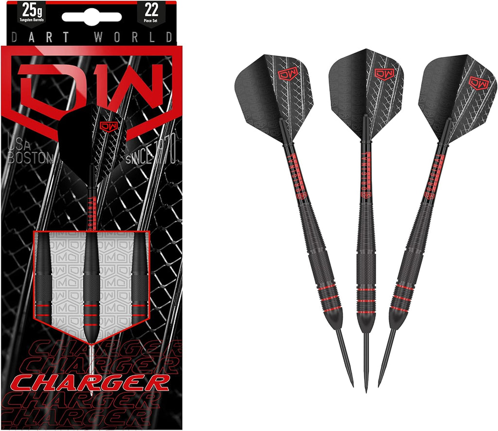 Charger dart set next to 3 charger darts black and red
