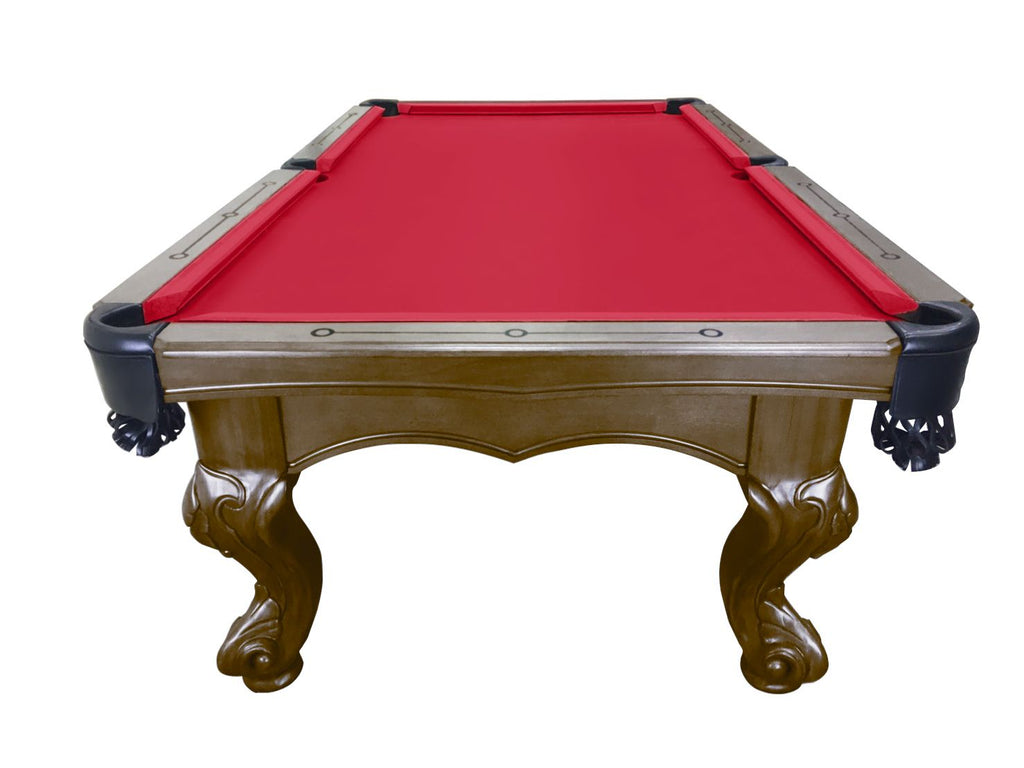 End view of the pool table with red felt and inlayed rail site with fancy leg