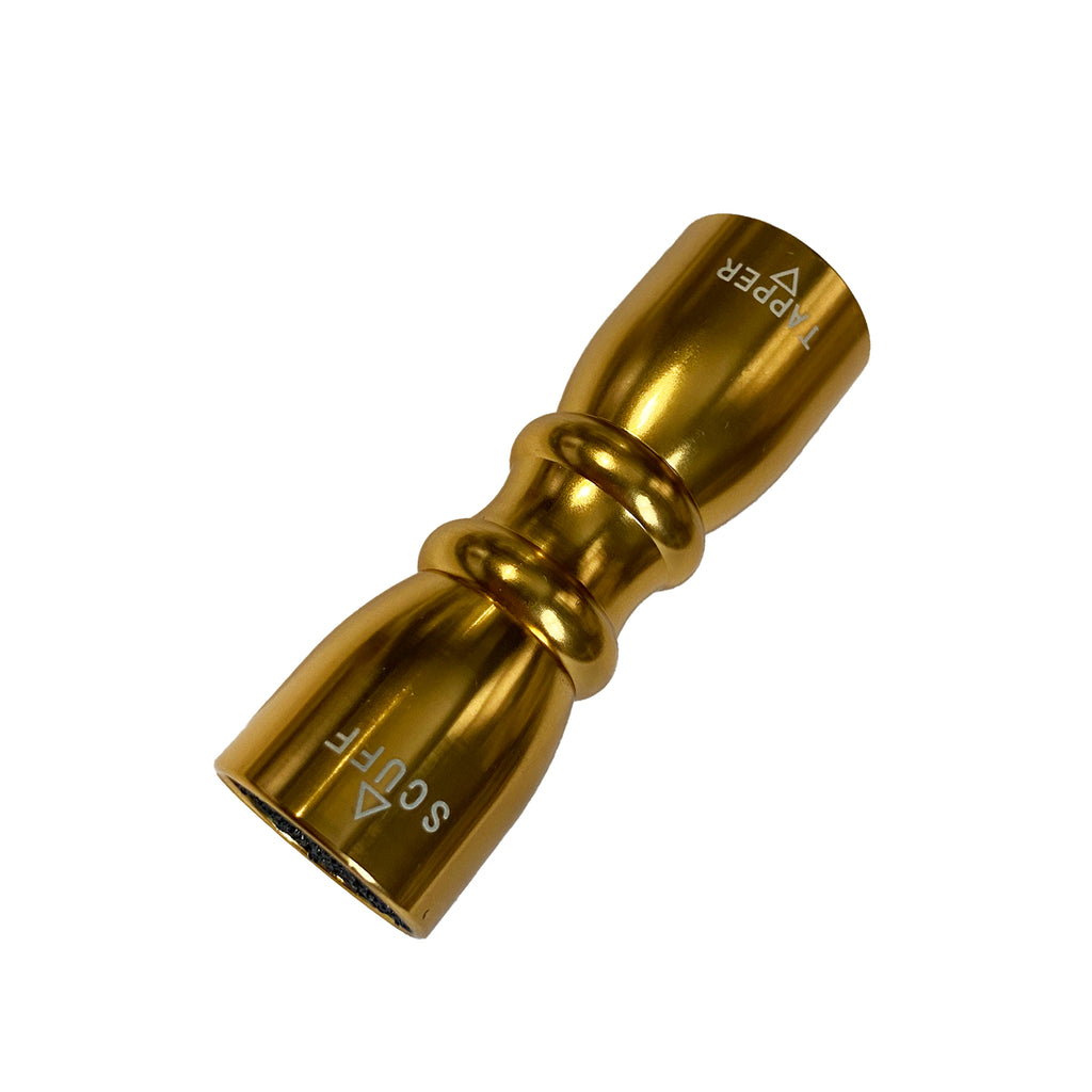 Gold closed bowtie tip tool with scuff and tapper written on it