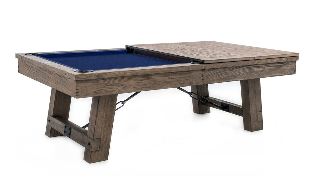 Isaac pool table with half blue felt and half dining top on top