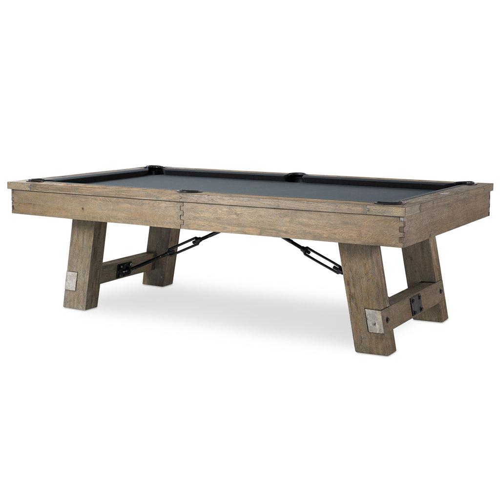 Isaac pool table with charcoal grey felt, showing turnbuckle details under table