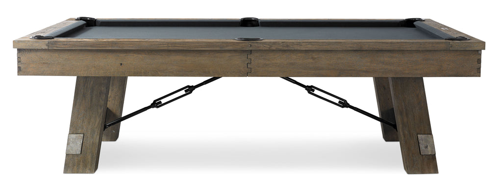 Side profile of Isaac pool table with turnbuckle details