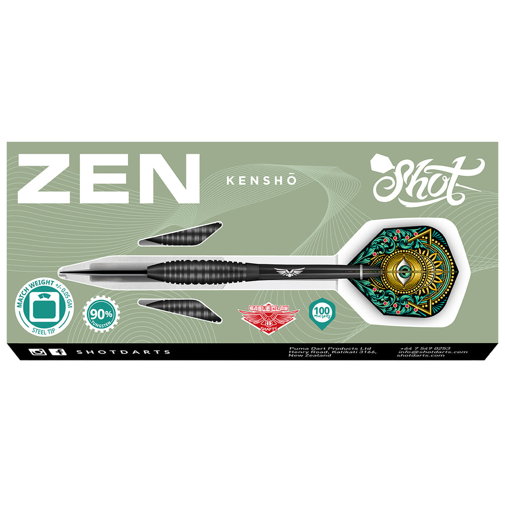 Zen Kensho packaging muted green with black, gold, and green dart