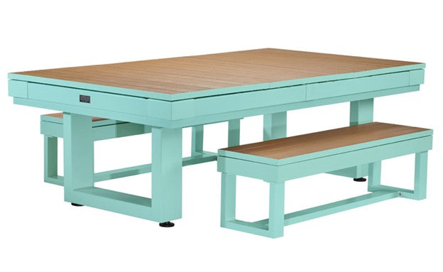 teal pool table with dining top panels and benches