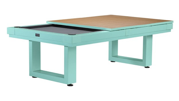 teal pool table with dining top panels and charcoal felt