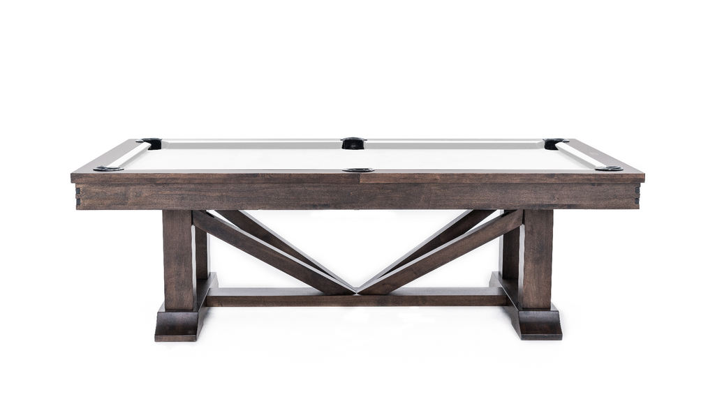 Side view of pool table from side with nutmeg finish