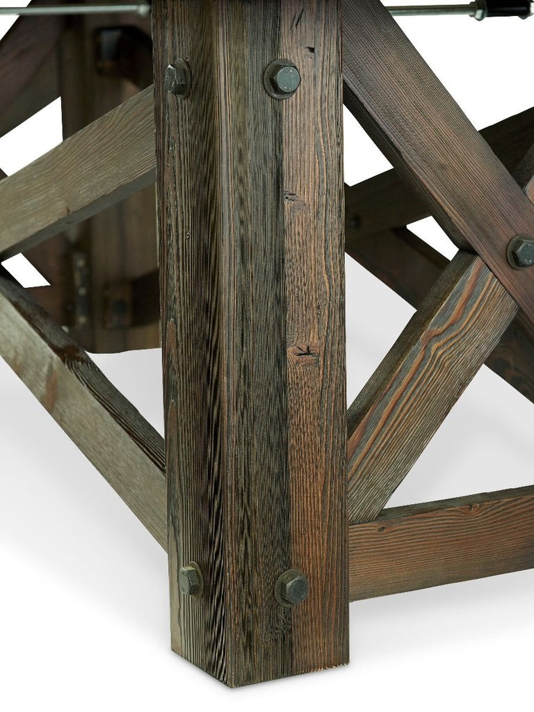 Closeup of McCormick pool table leg showing exposed hardware and rustic finish