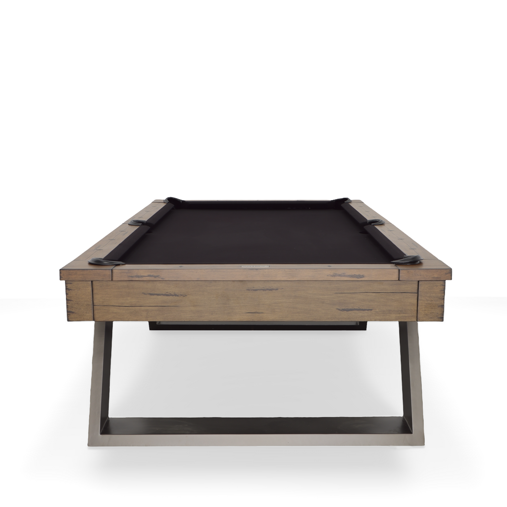 End view of modesto pool table showing in whiskey finish and black felt