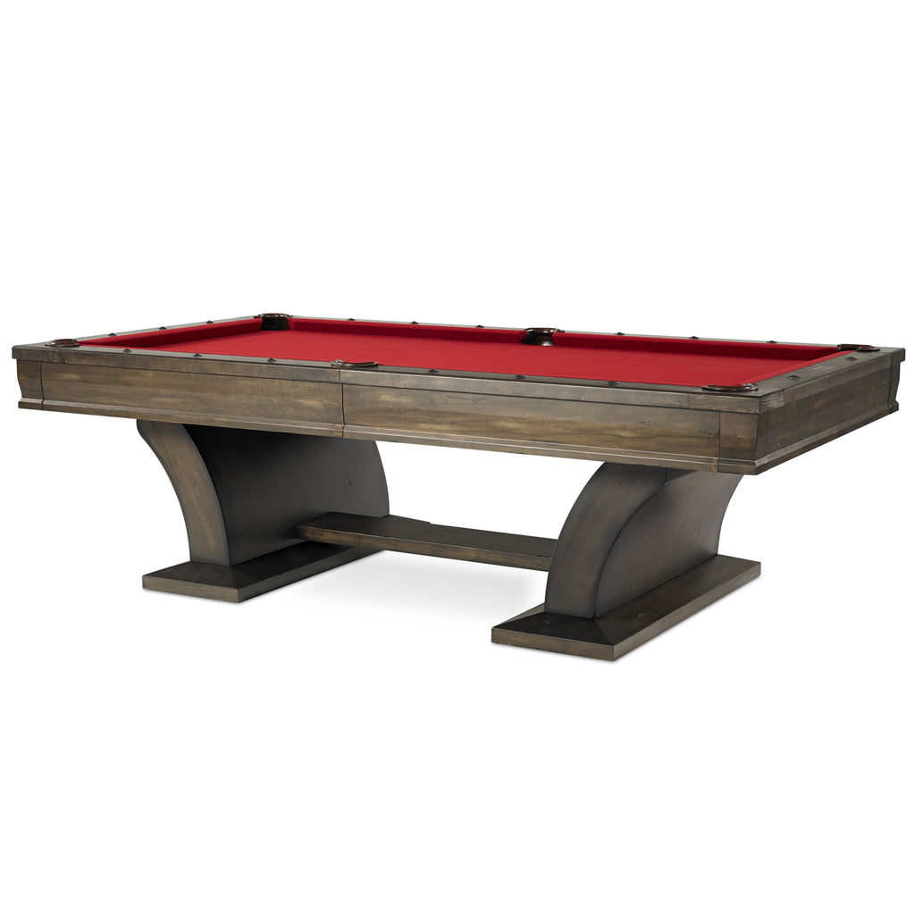 Paxton pool table with pedestal base and red cloth at an angle
