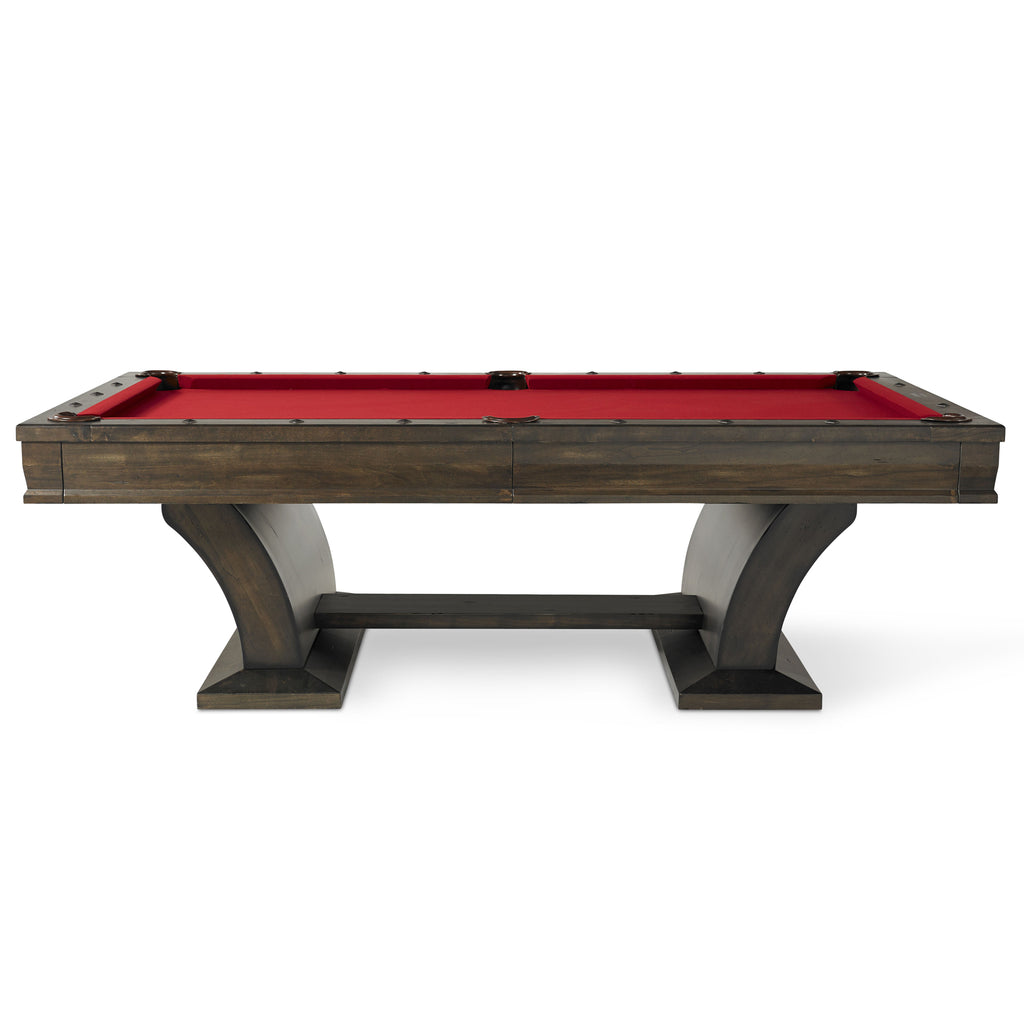 Paxton pool table straight on showing red cloth and curved base