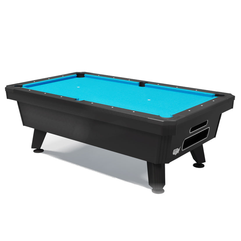 black pool table with blue felt and 4 feet