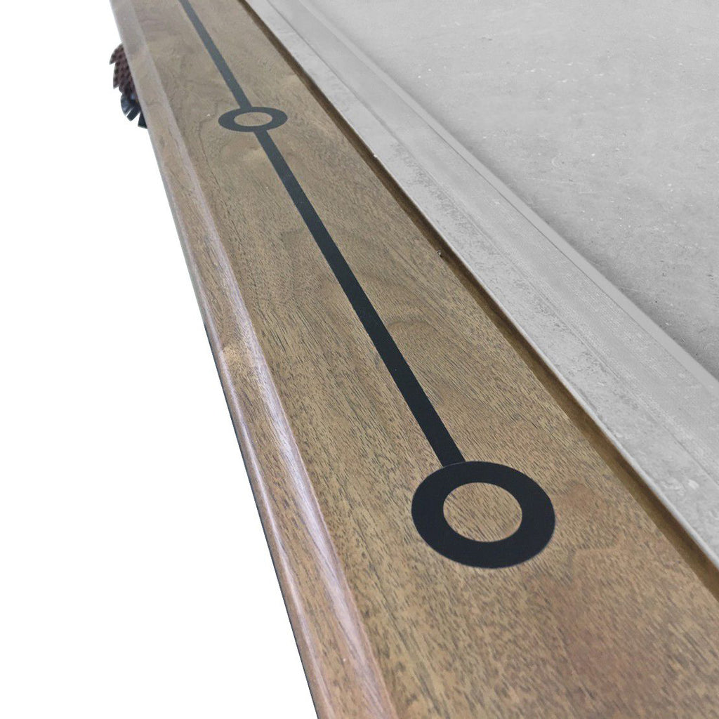 Rail closeup of teton pool table Natural finish with black rail site inlay details