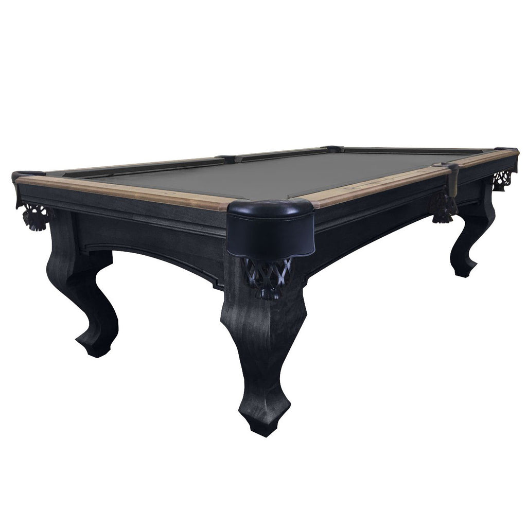 8ft pool table from corner with black leather pocket and two tone finish with natural rail