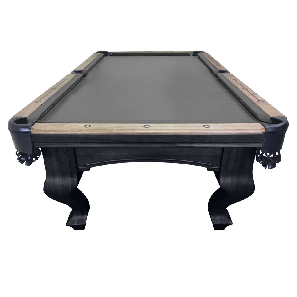 End view of pool table showing natural rail and dark bade 