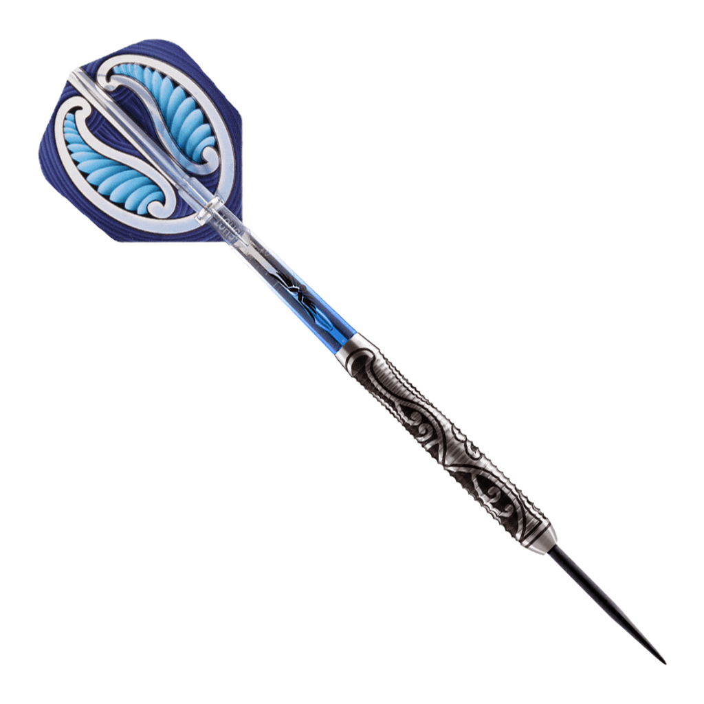 darts with engraved barrel and light and dark blue shafts and flights