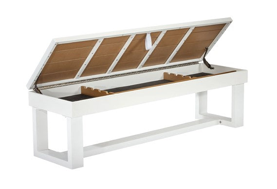 White lanai bench open to show accessory space