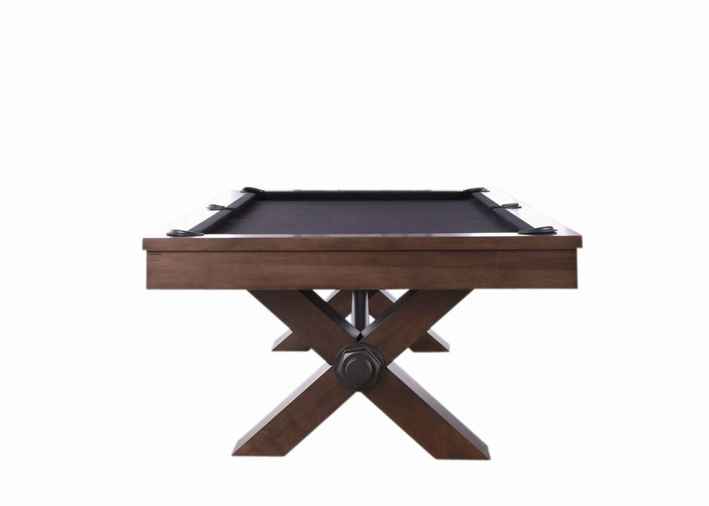 Vox pool table from end with X base and grey walnut finish