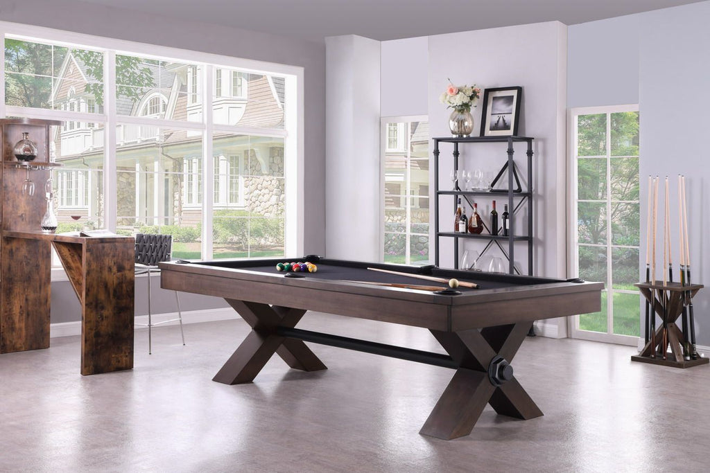 Vox pool table from side with X base and grey walnut finish in room