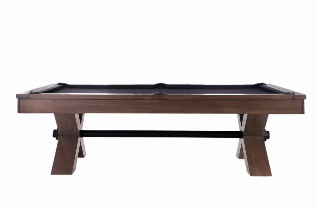 Vox pool table from side with X base and grey walnut finish