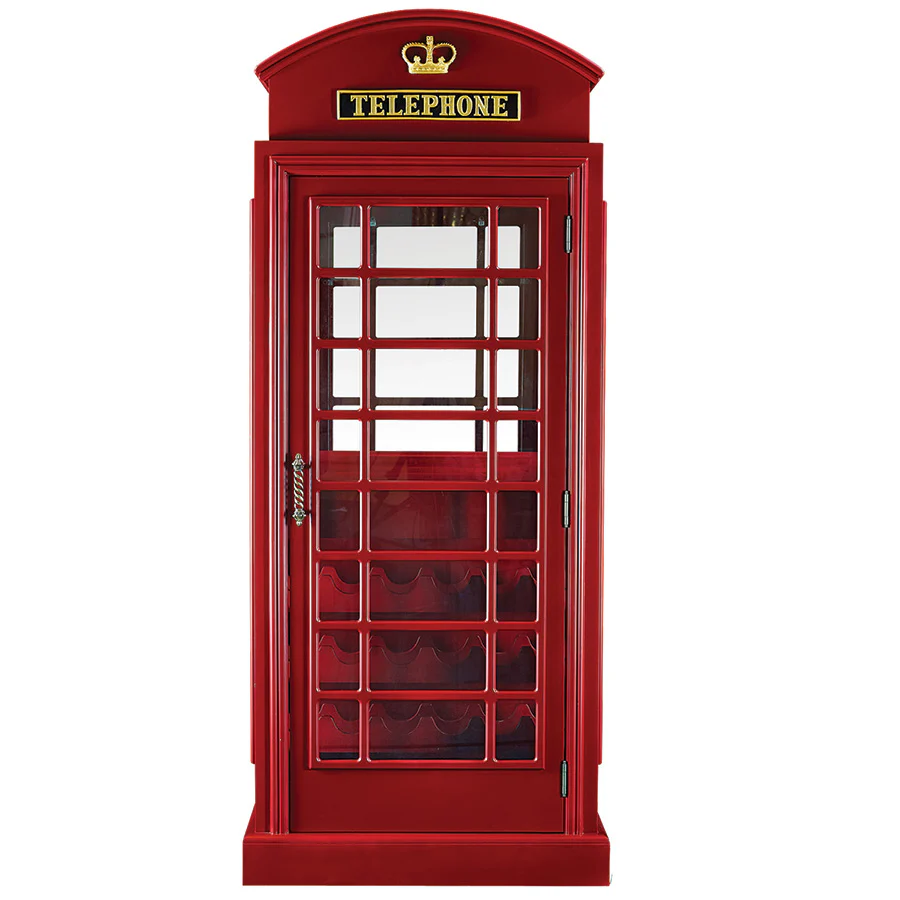 Red phone booth with telephone on top and wine storage door closed
