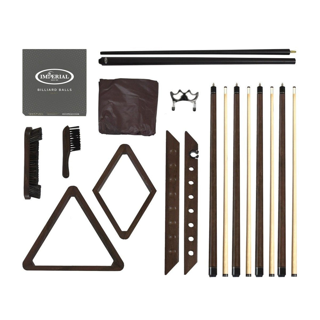 Select Playing Accessory Package with Cues Balls Cover Bridgestick 8 and 9 ball rack, brush, rail brush, and wall rack
