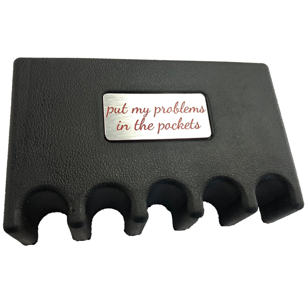 Custom Weighted Pool Cue Holder Rest for 5 Cues with Red Cursive Plate