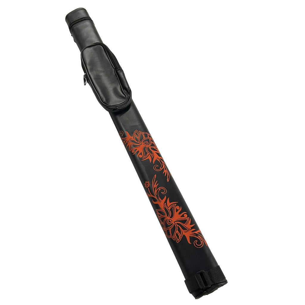 Overall view of black pool cue case with orange floral design on bottom half