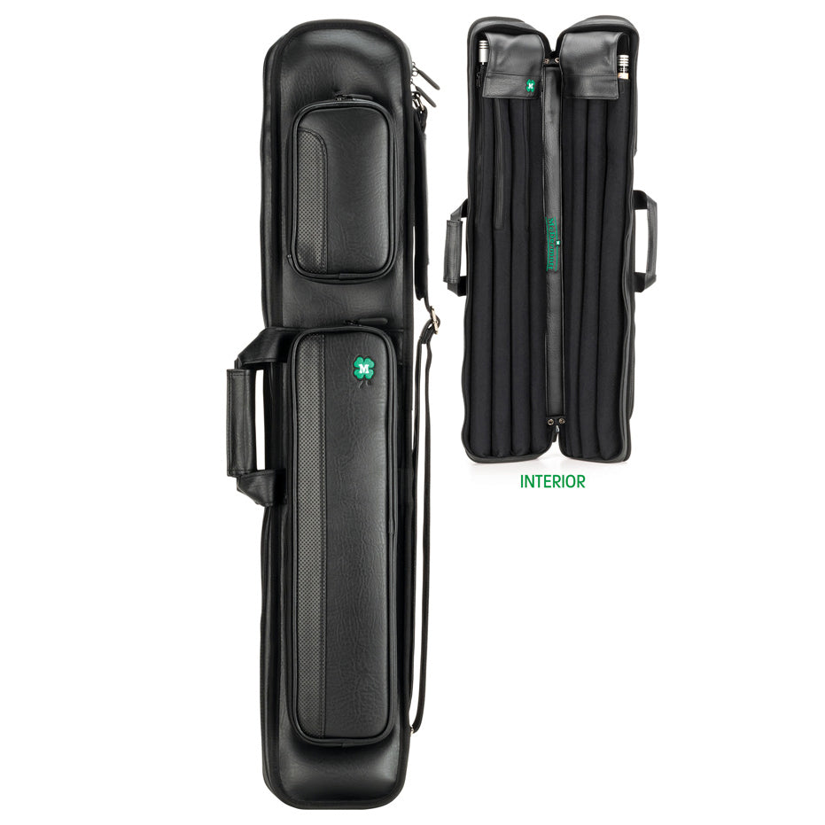 Black pool case with butterfly style opening and green mcdermott logos