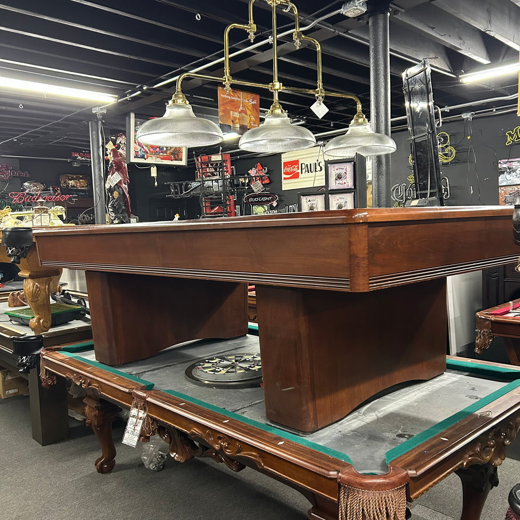 8ft olhausen pool table with mahogany finish and rounded modern corners from right side