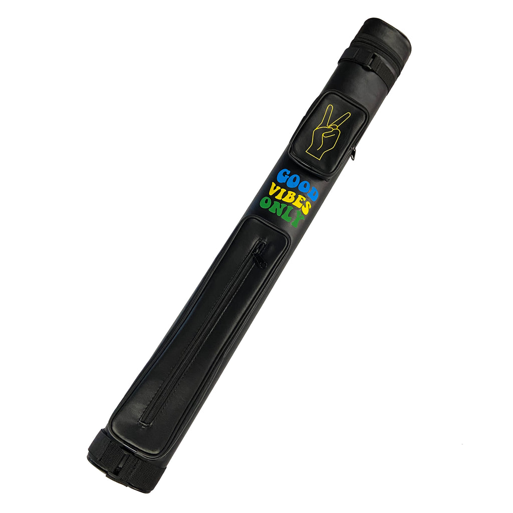 Black cue case with Good Vibes Only written in blue, yellow, and green and a yellow peace sign on pocket