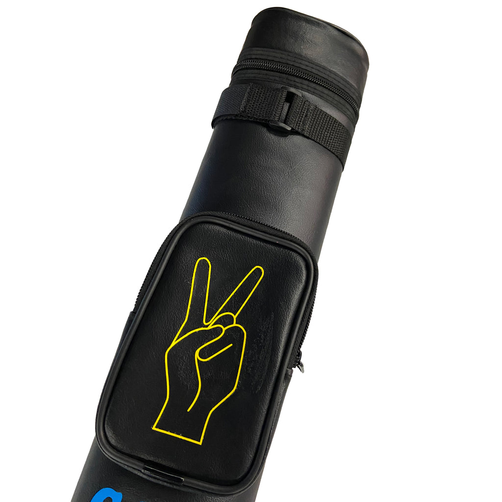 Peace sign in yellow on pocket of black pool case