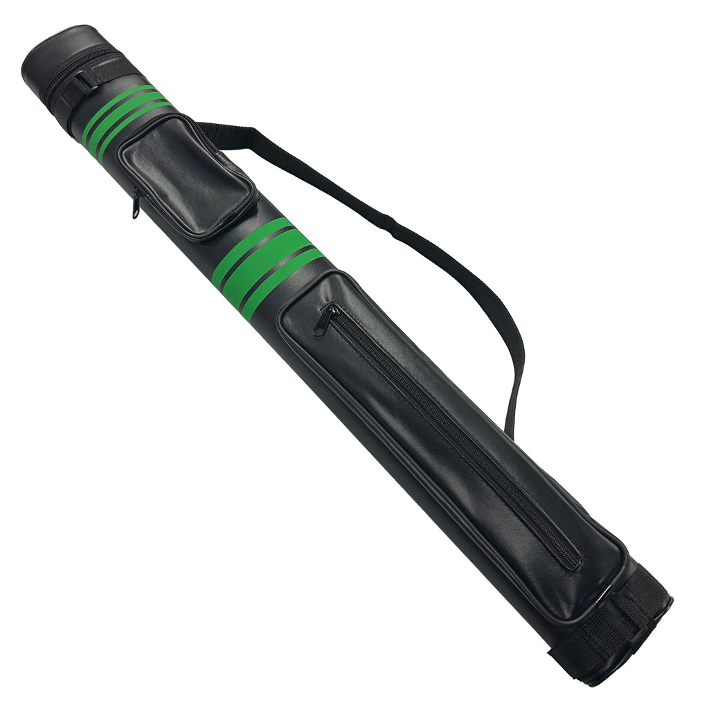 Black pool cue case with green stripes on a white background