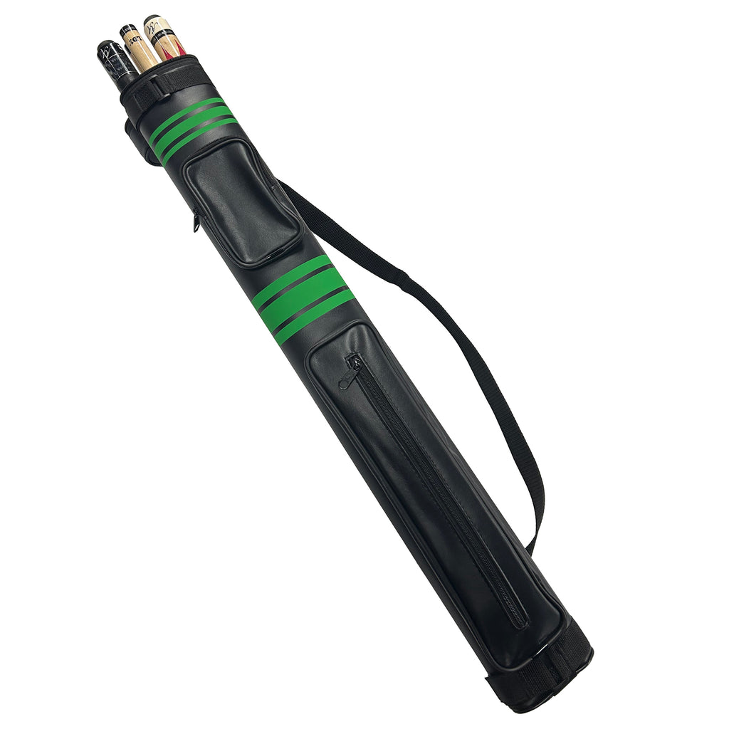 Black pool cue case with green stripes and pool cues on a white background